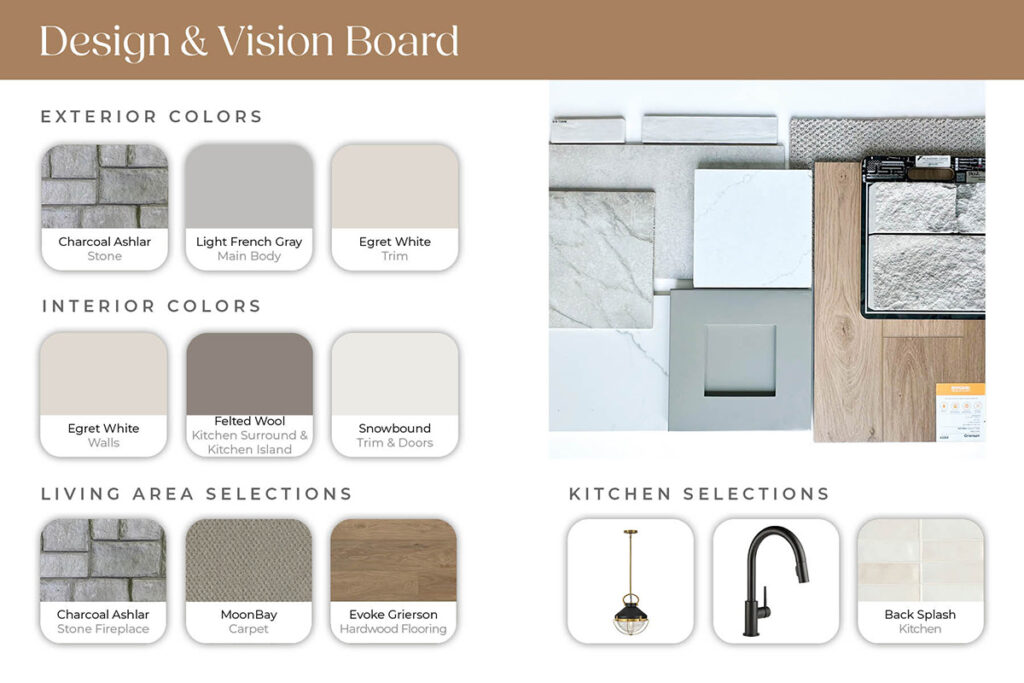 Alturas Homes design board for Pinnacle Vertex Phase 2 home in South Meridian, Lot 03 Block 03, featuring interior selections and finish materials